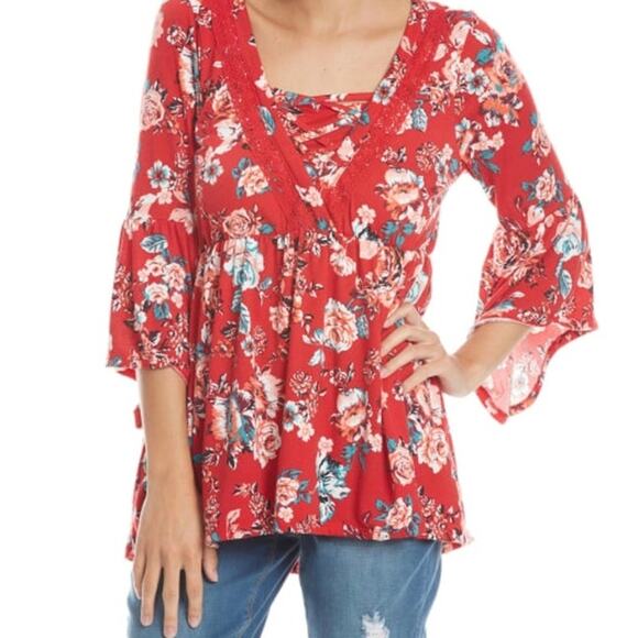 Red Floral Y2K Babydoll Ruffle Tunic Top M Flare Sleeves Boho Hippie Asymmetric - Picture 3 of 12